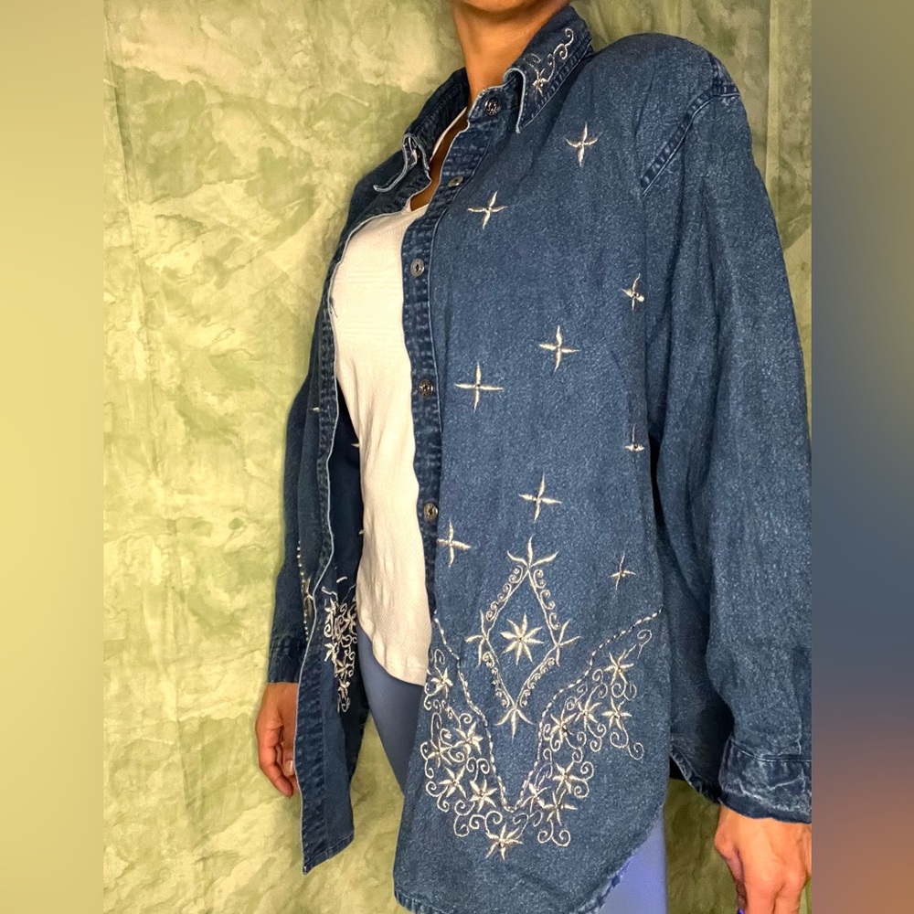 Vintage Club "Z" Denim Metallic Embroidered Oversized Button Down Top